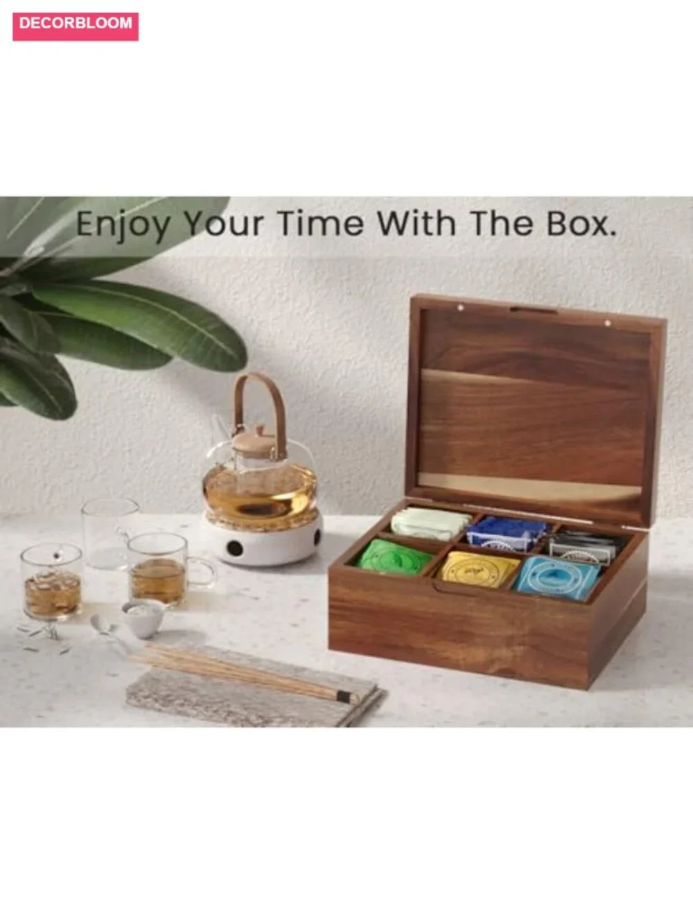 Acacia Wood Tea Bag Organizer with Lid, 6 Compartments, Tea Storage Chest